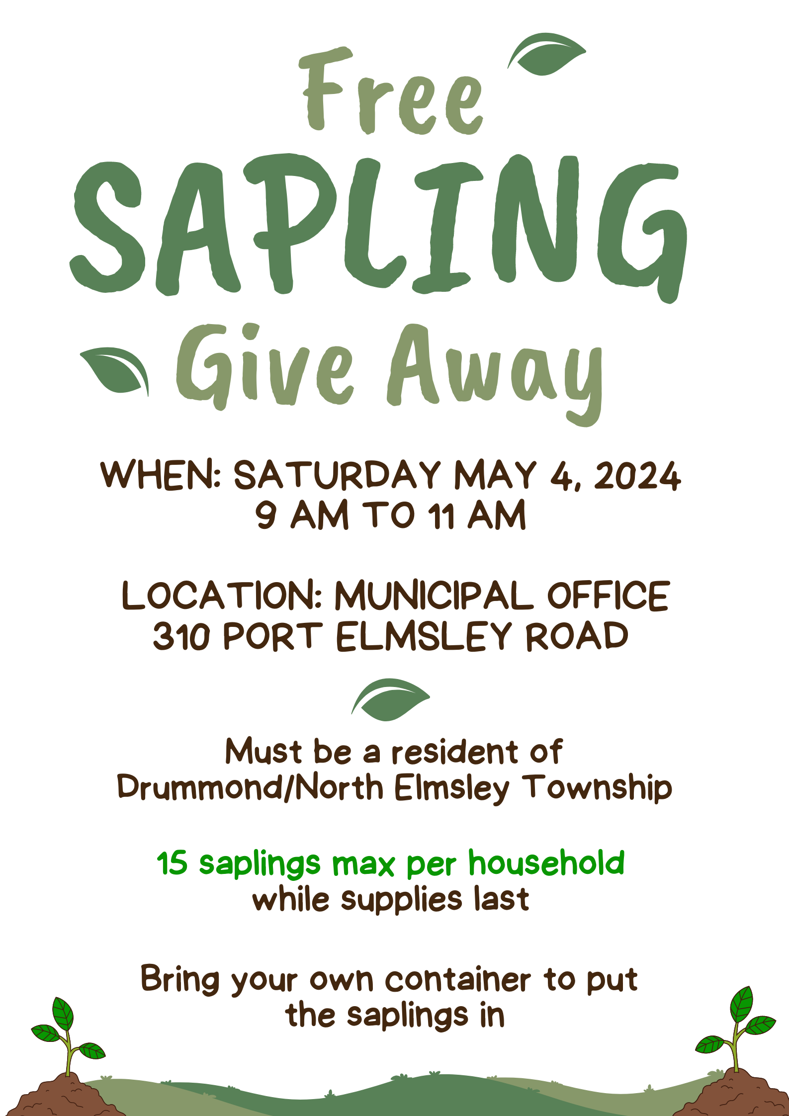 FREE Sapling Giveaway Saturday May 4 9AM -11AM