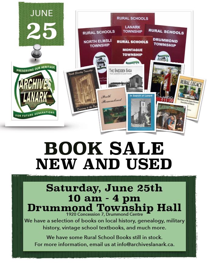 Book Sale Lanark Archives  June 25th 2022 poster containing images of books being sold